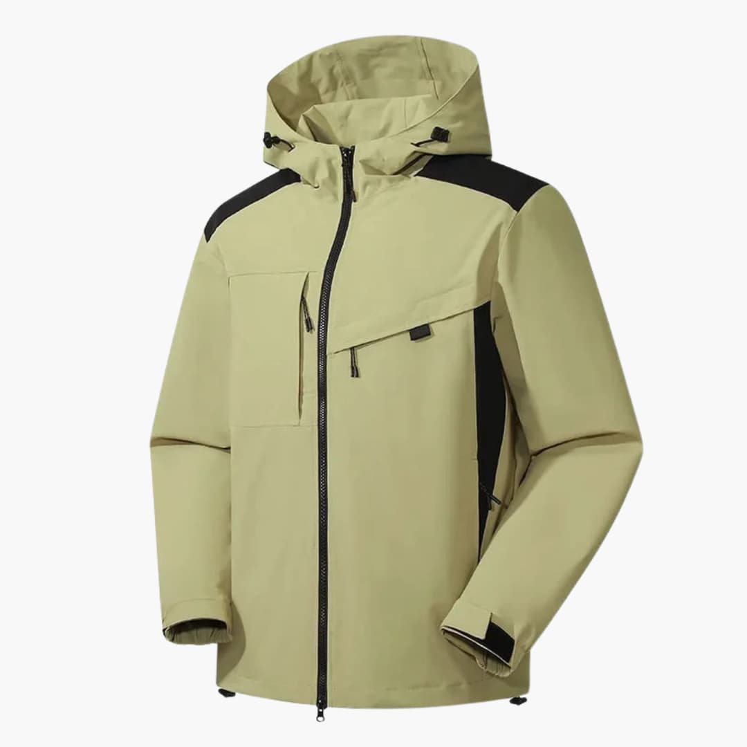 Men's water-resistant ski jacket with hood, zipper pockets, adjustable cuffs, streamlined winter fit