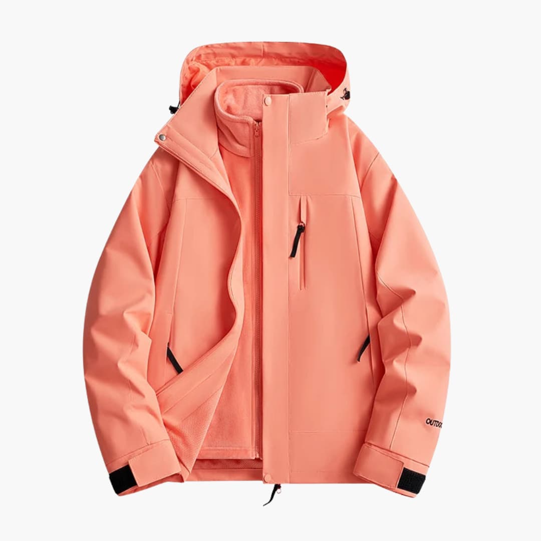 Unisex two-tone ski jacket with hood, full-length zipper pockets, all-weather outdoor performance