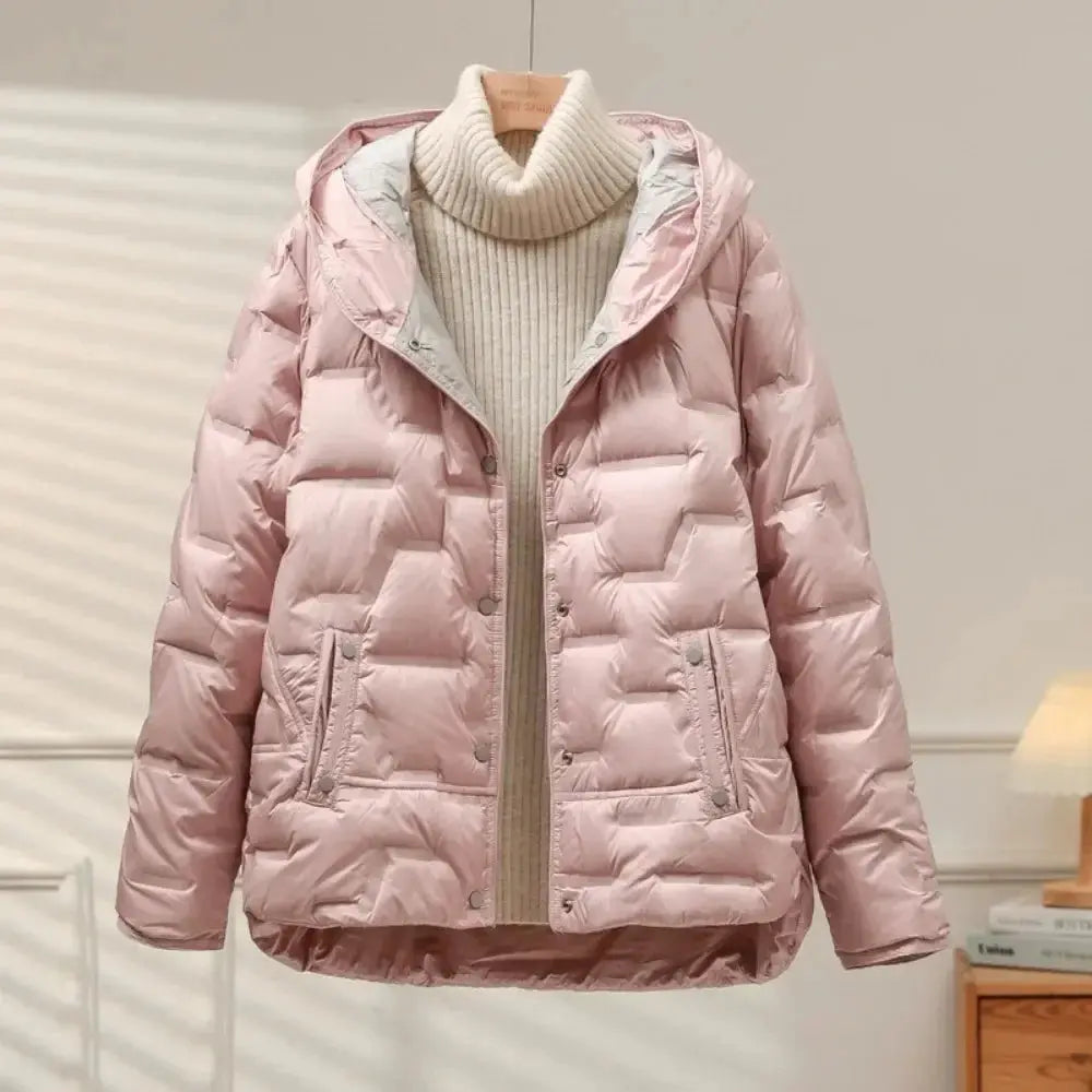 Women's quilted down puffer jacket with snap closure, lightweight duck down fill, chic timeless coat
