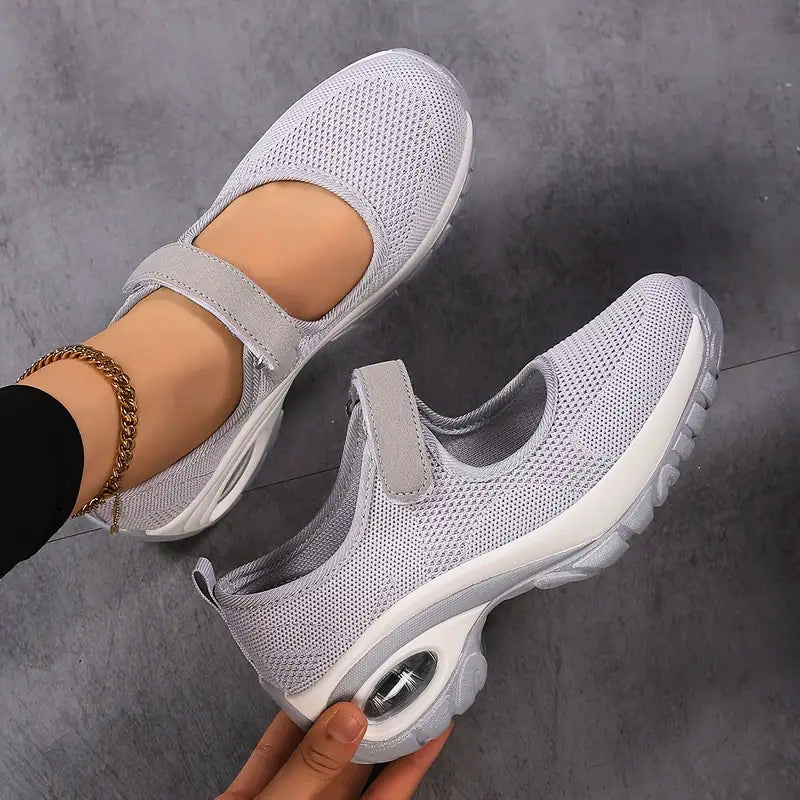 Women's white Mary Jane orthopedic sneakers with air cushion sole and supportive strap closure
