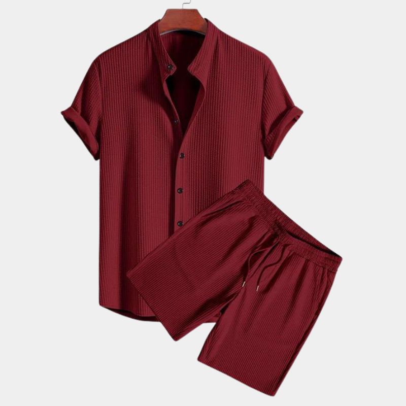 Men's two-piece polo set lightweight breathable mandarin collar relaxed fit casual matching ensemble