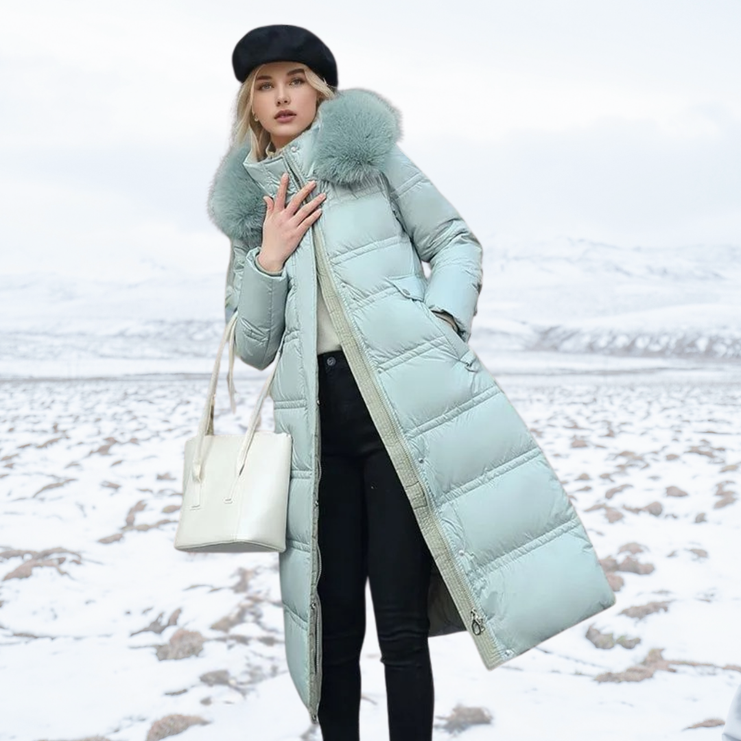 Women's black winter parka coat with detachable fur hood, weatherproof slim-fit silhouette