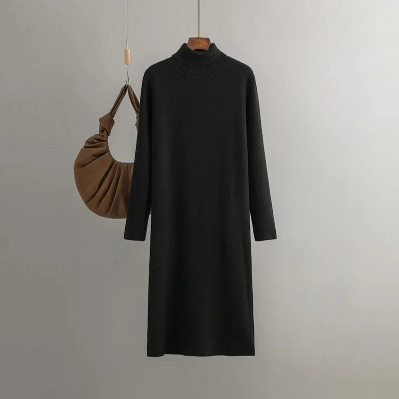 Women's ribbed knit turtleneck dress slim silhouette fleece-lined stretch cozy premium fabric