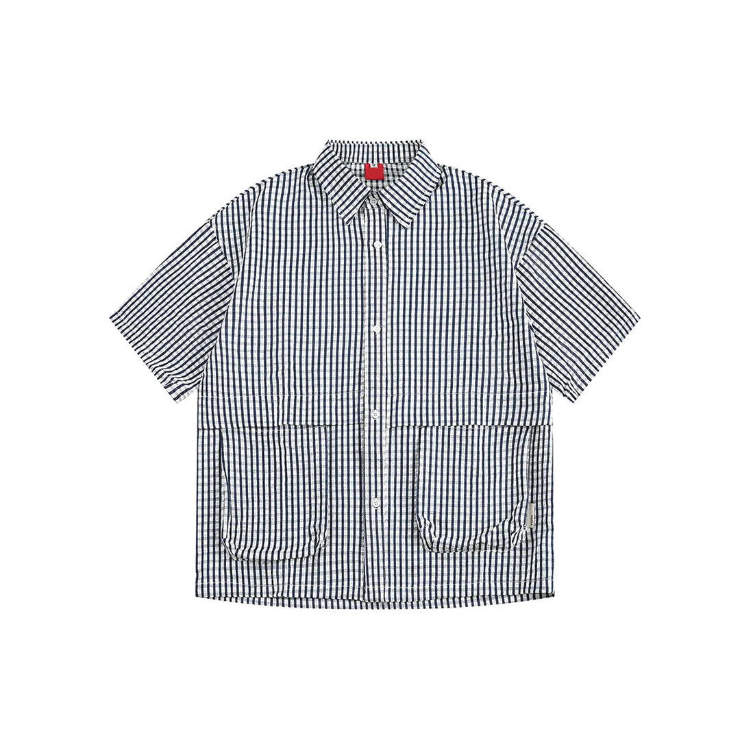 Men's blue white gingham short sleeve cotton shirt with oversized front pockets relaxed fit