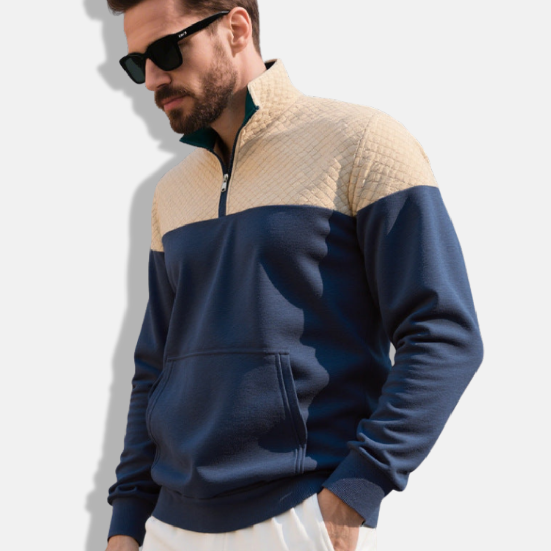 Men's gray cotton blend sweatshirt stand collar half zip quilted diamond pattern smart casual