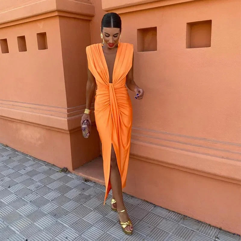 Women's satin-blend evening gown twist-knot V-neck thigh-high slit festive formal dress