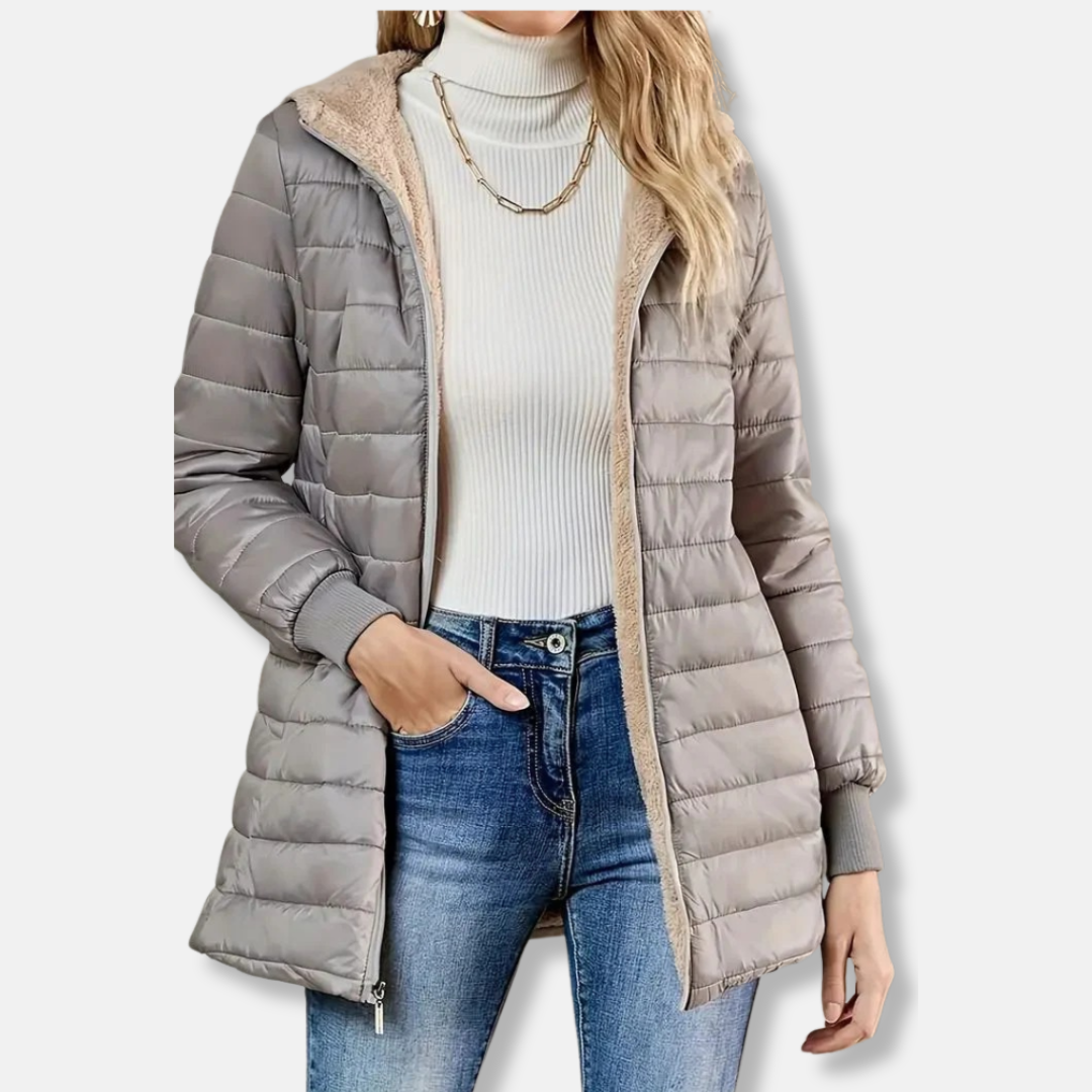 Sienna quilted puffer jacket women hooded relaxed fit mid-thigh length contrast hood lining