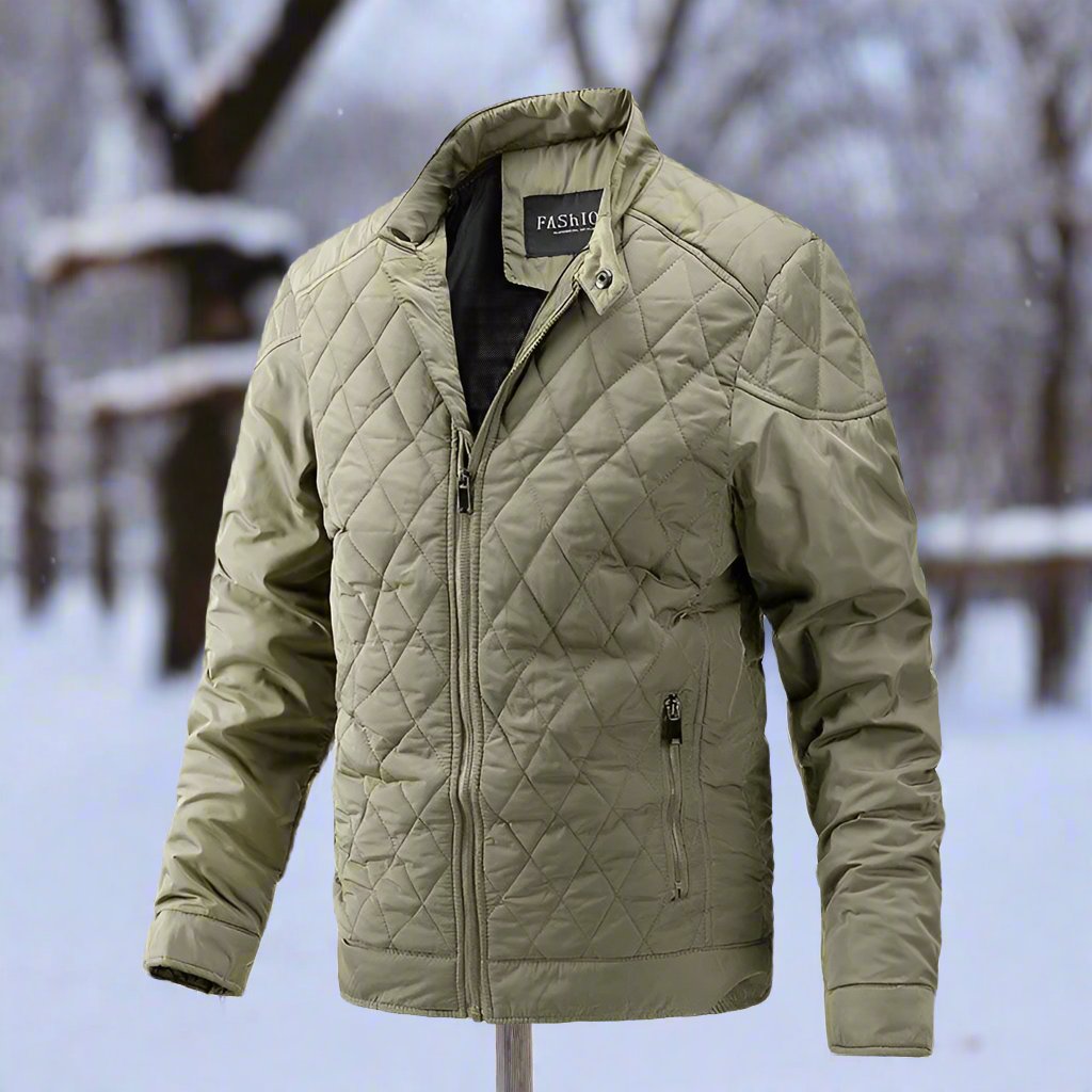Men's slim fit quilted jacket high collar secure zipper pockets outdoor winter essential