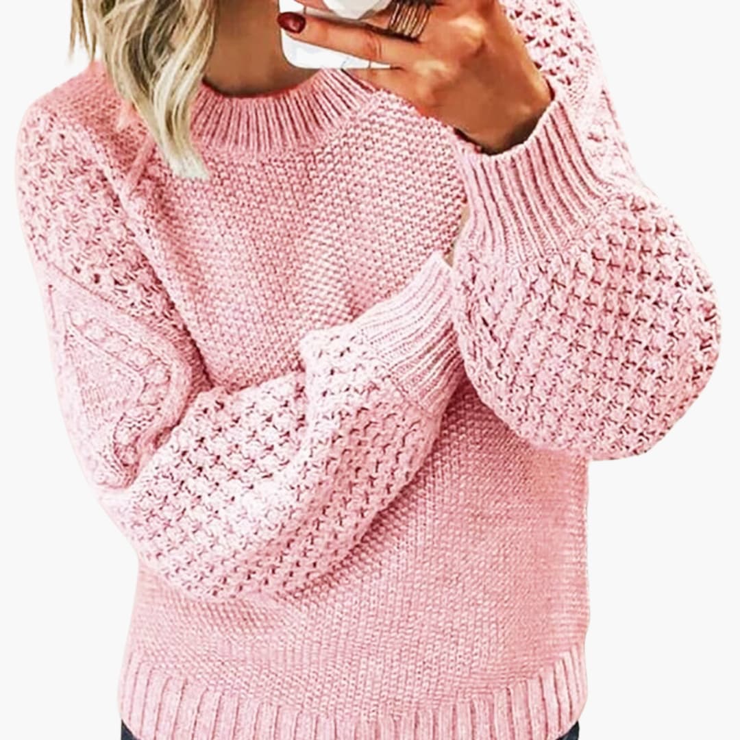 Women's knit sweater structured long sleeves ribbed hem round neck versatile everyday style