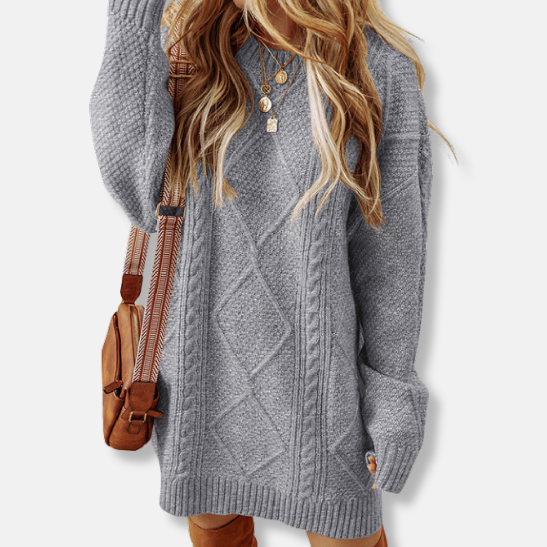 Women's cream cable knit sweatshirt loose fit knee-length hem long sleeves cozy everyday style
