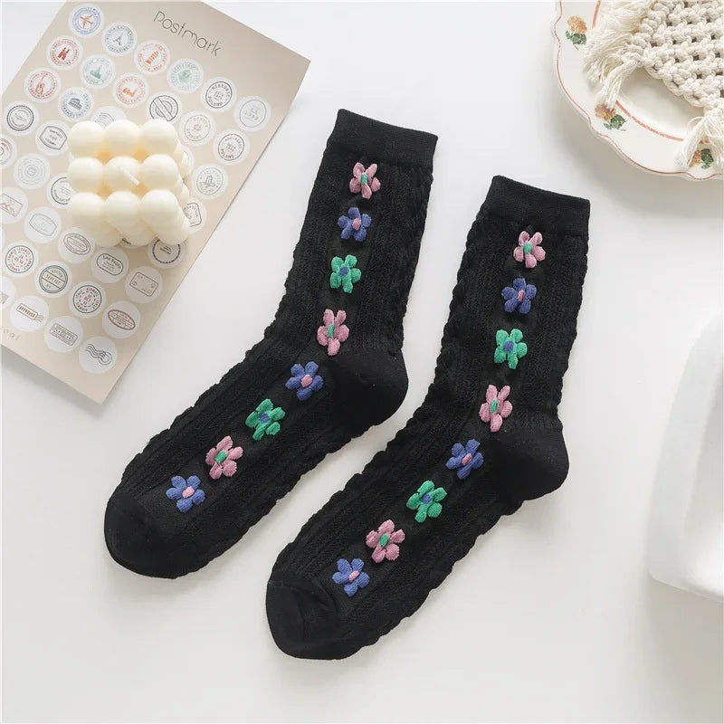 Women's ribbed cotton crew socks set with delicate floral embroidery, vintage-inspired feminine style