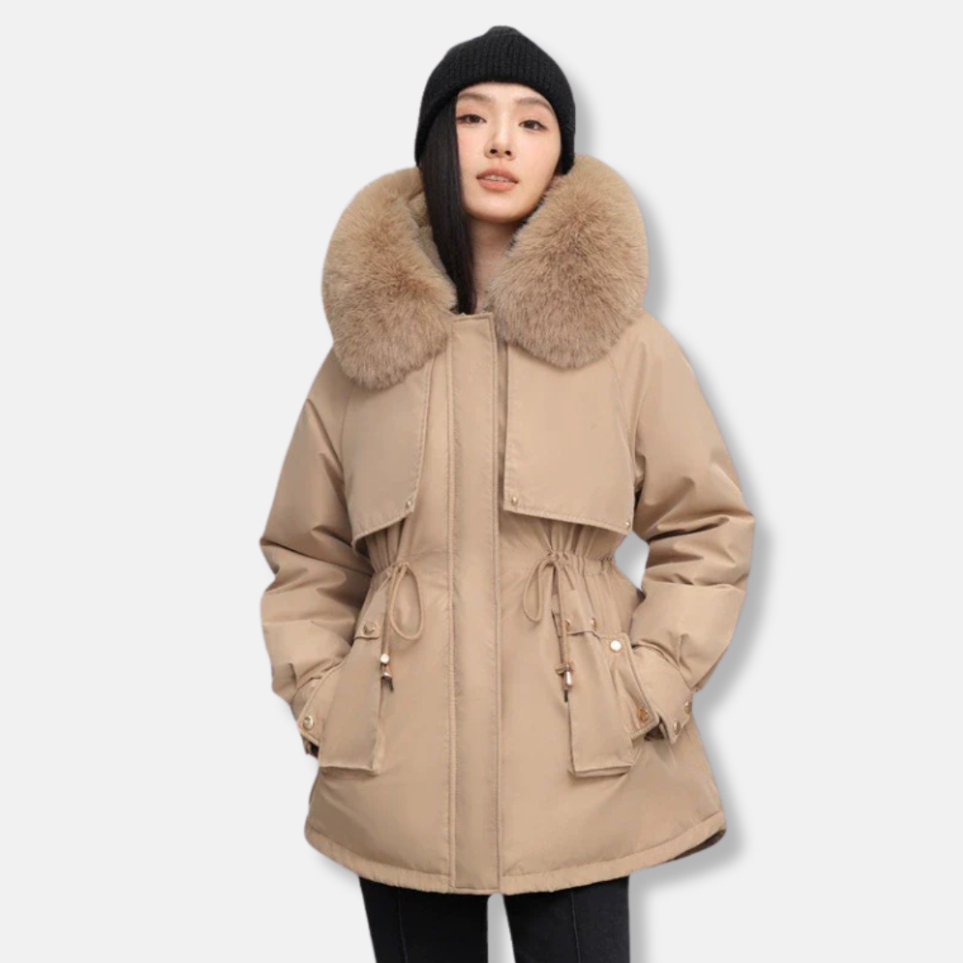 Women's weather-resistant parka jacket with faux fur collar, drawstring waist, mid-thigh length