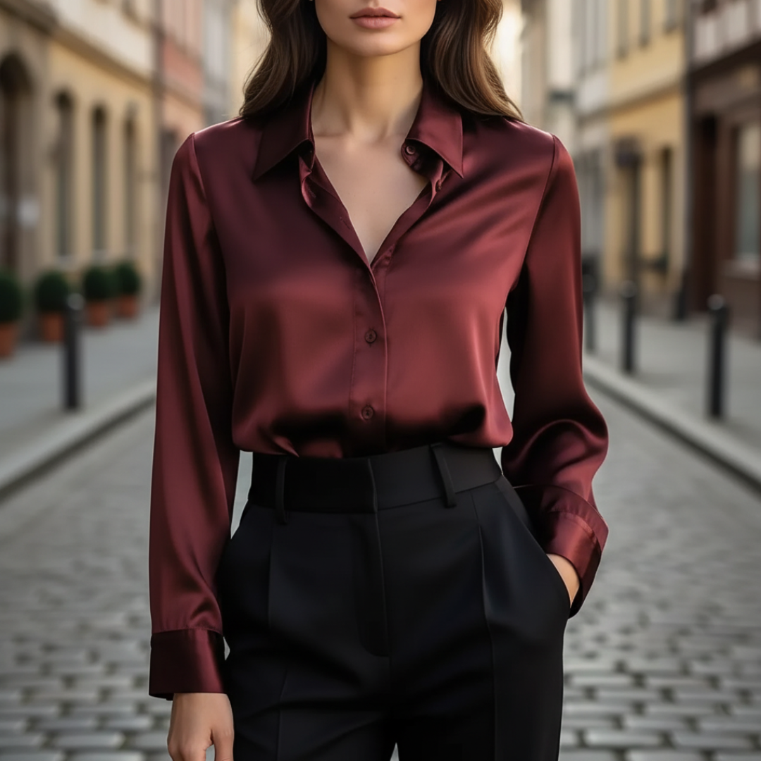 Women's long sleeve satin shirt elegant fluid drape glossy finish office wear refined blouse