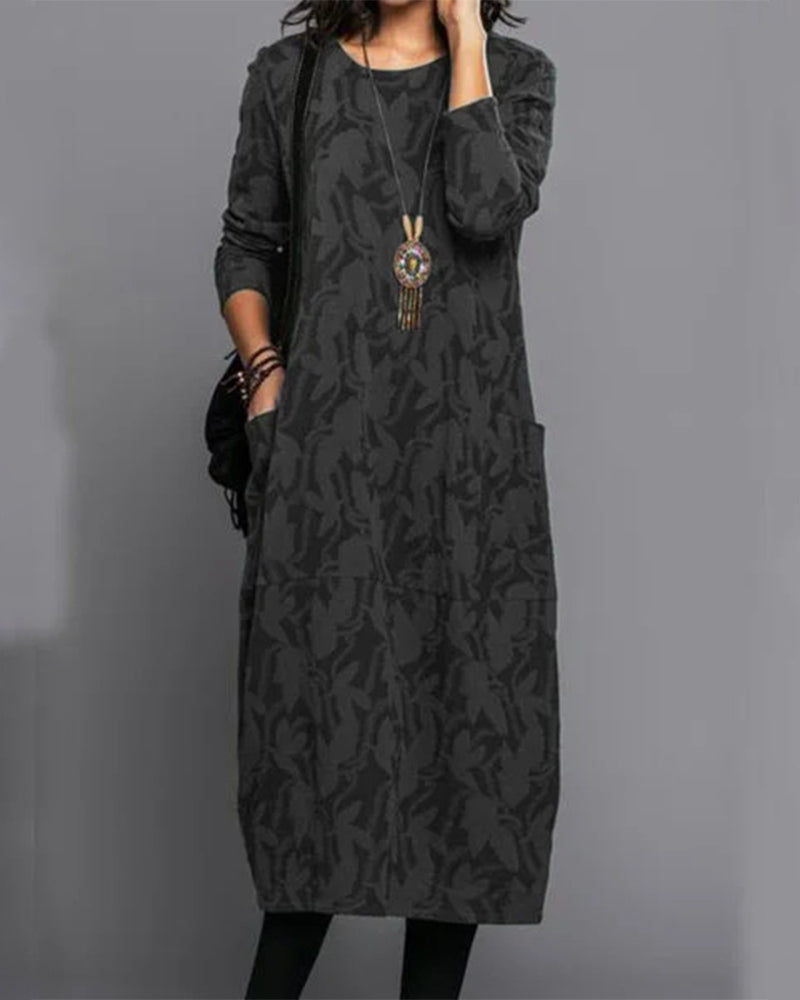 Women's casual floral midi dress long sleeve relaxed fit with pockets autumn winter elegant style