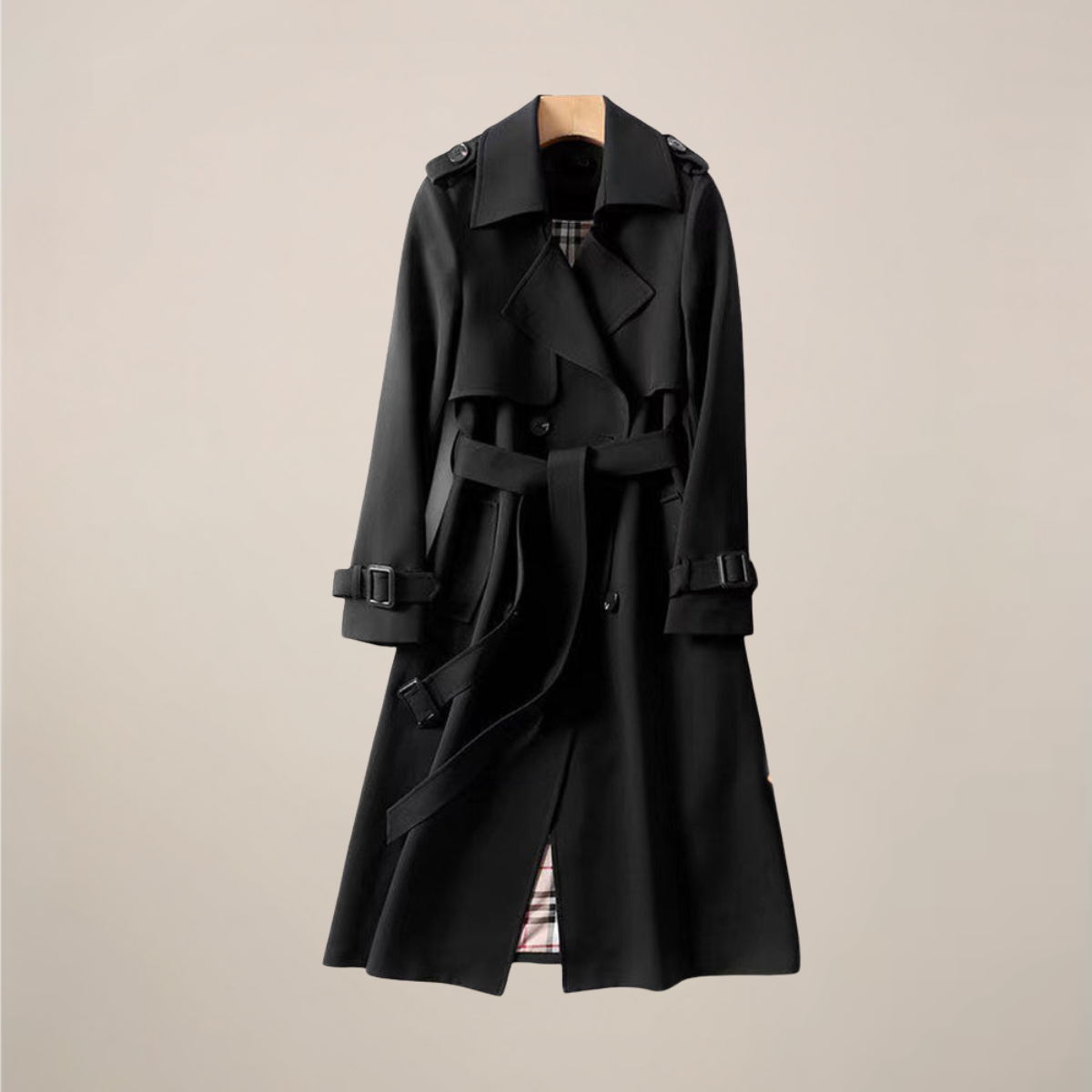 Women's beige belted trench coat double-breasted silhouette with structured lapels