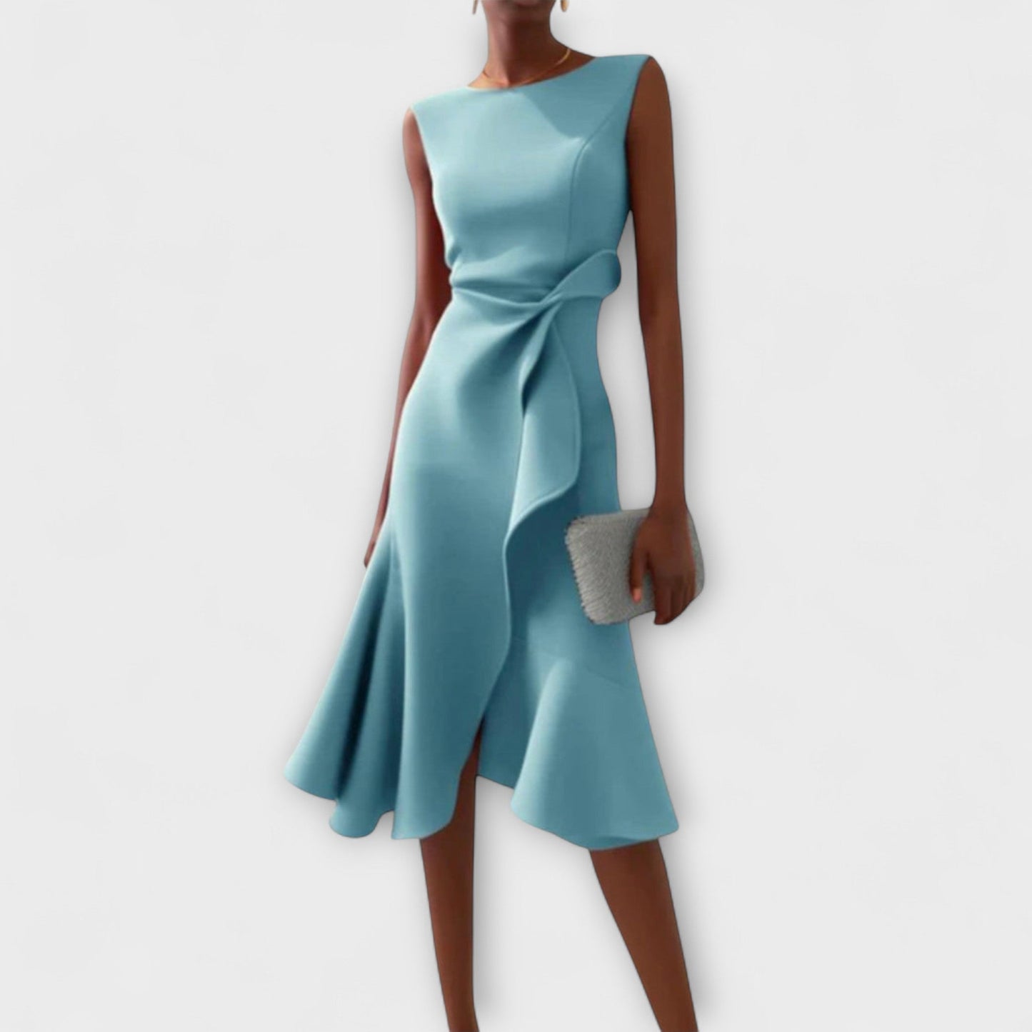 Sleeveless midi cocktail dress with fitted waist, asymmetric ruffle detail, and chic evening silhouette