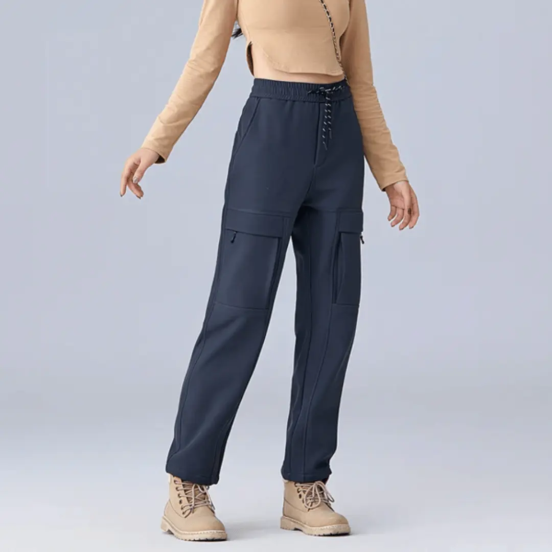 Men's weatherproof cargo pants with fleece lining, water-repellent shell, and adjustable waistband for outdoor use