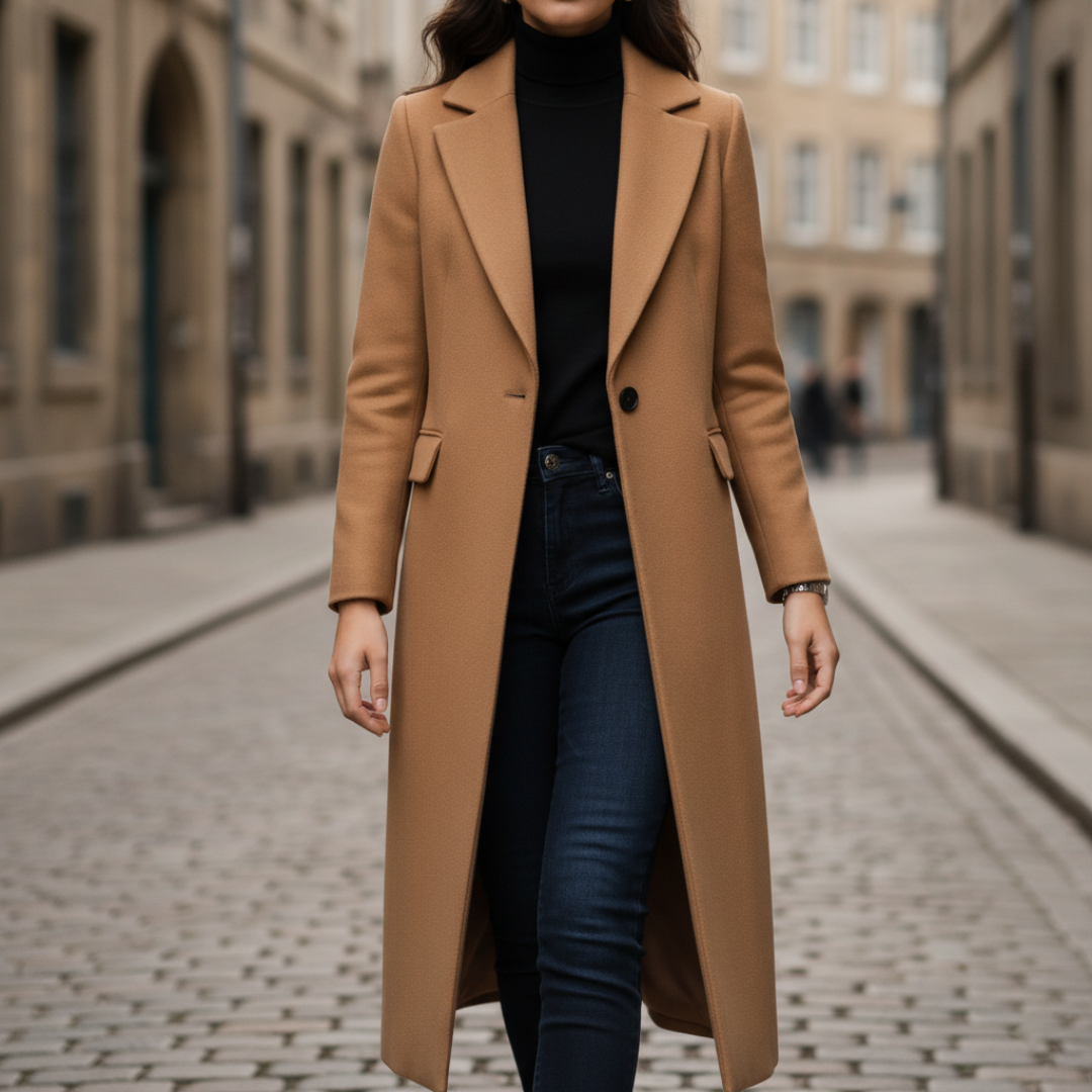 Women's long straight-fit wool coat in neutral tones, warm winter style for work and leisure