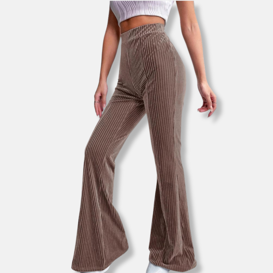 Women's burgundy velvet ribbed flare pants high waist wide leg pull-on silhouette