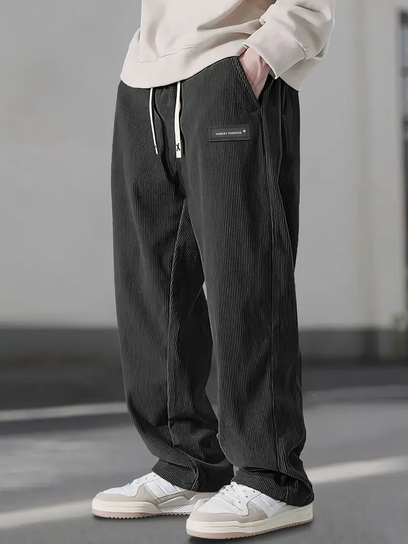 Men's wide-leg corduroy pants in wide-wale texture with elastic drawstring waist streetwear fit
