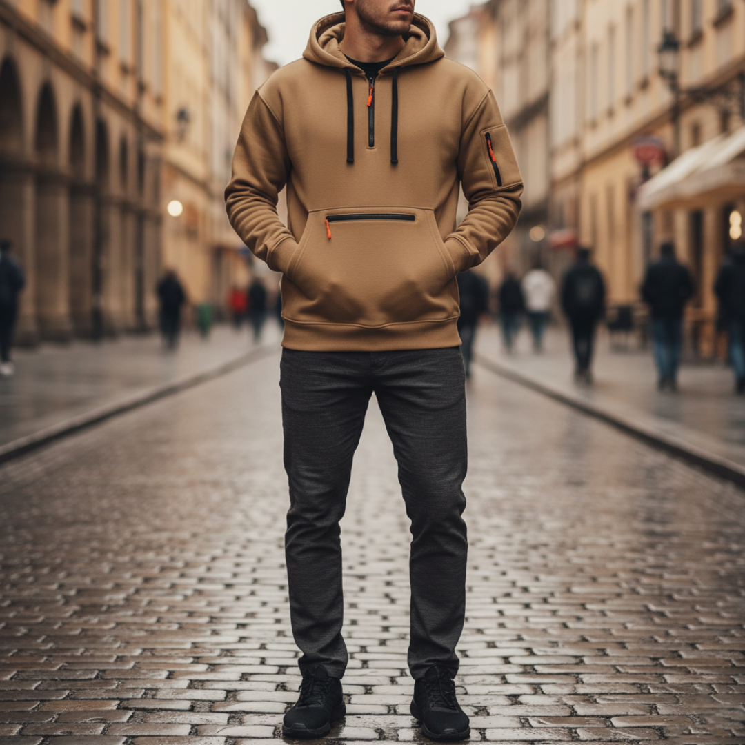 Men's technical hoodie sweatshirt adjustable drawcord hood kangaroo pockets contrast zip outdoor