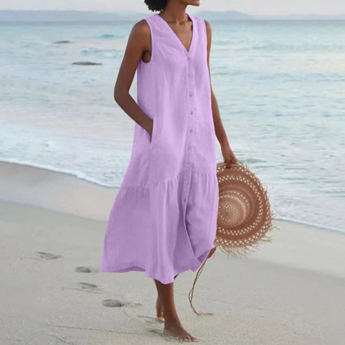 Women's elegant linen dress V-neck breathable silhouette versatile spring summer all-occasion style