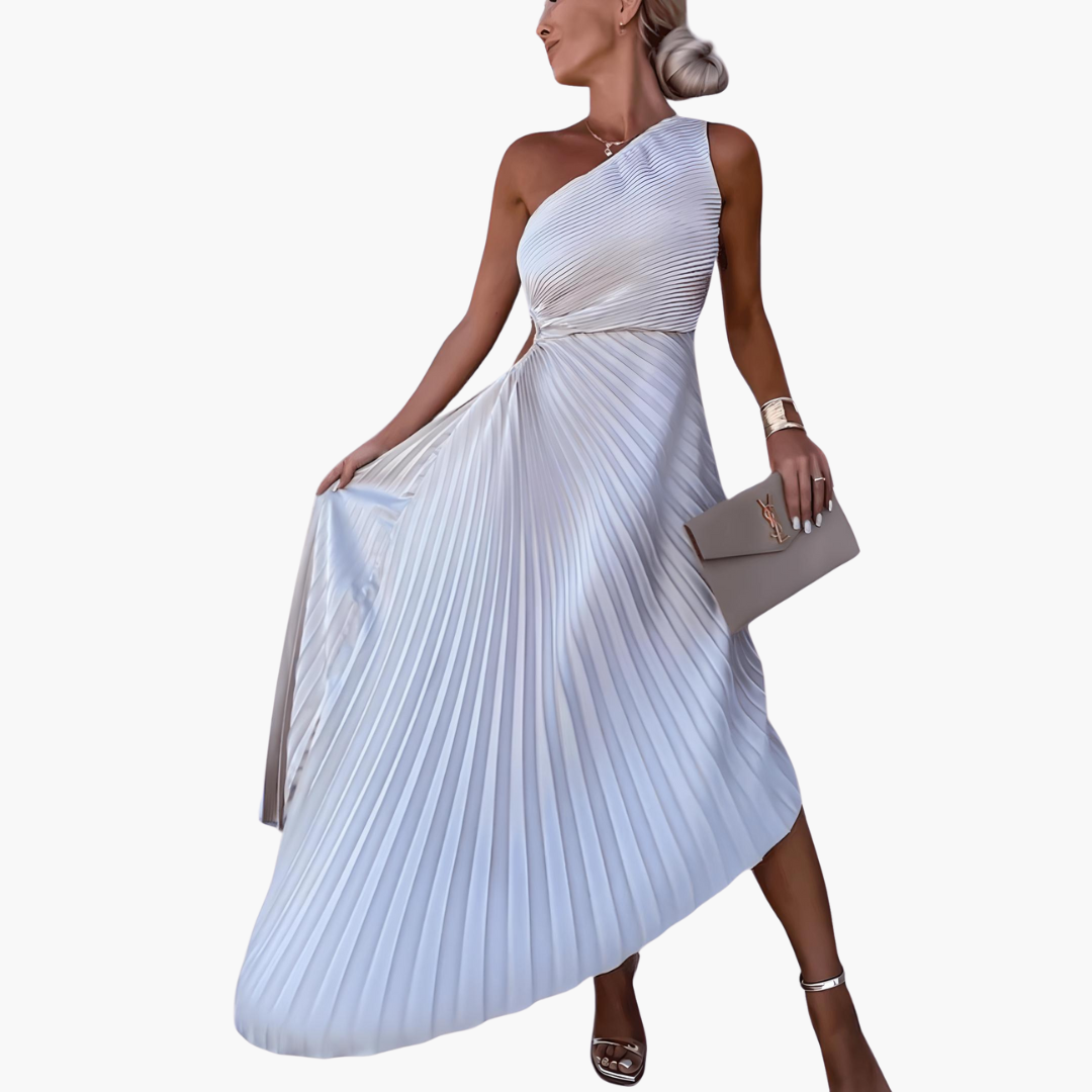 Women's burgundy one-shoulder ankle-length evening gown with elegant pleated skirt formal silhouette