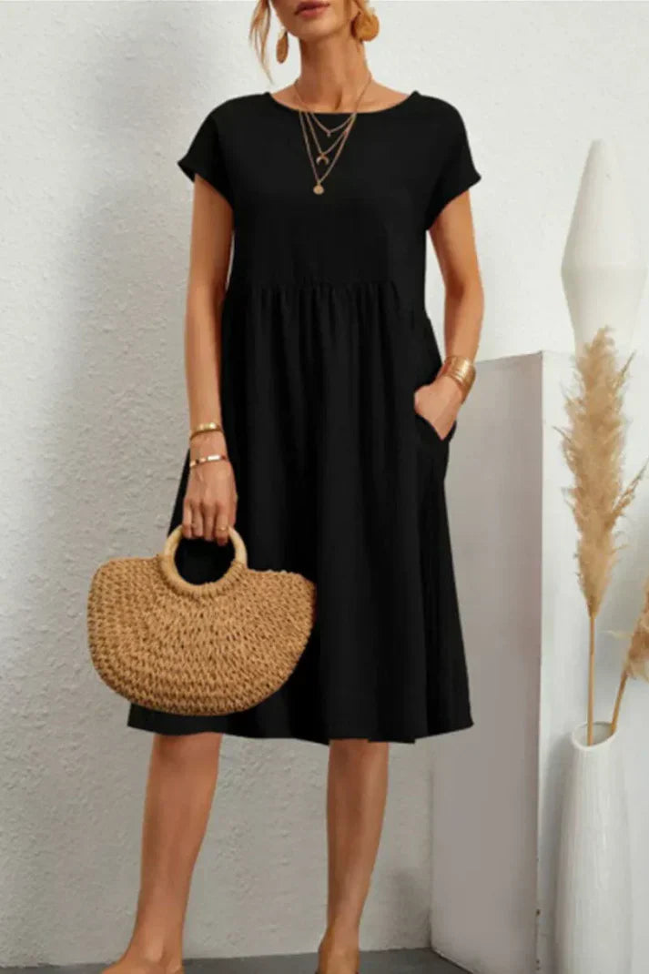 Melanie women's casual round neck short sleeve plain dress, comfortable everyday versatile wardrobe staple
