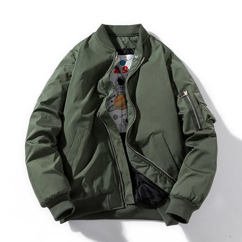 Unisex astro bomber jacket relaxed silhouette durable fabric velvet lining astronaut graphic four pockets