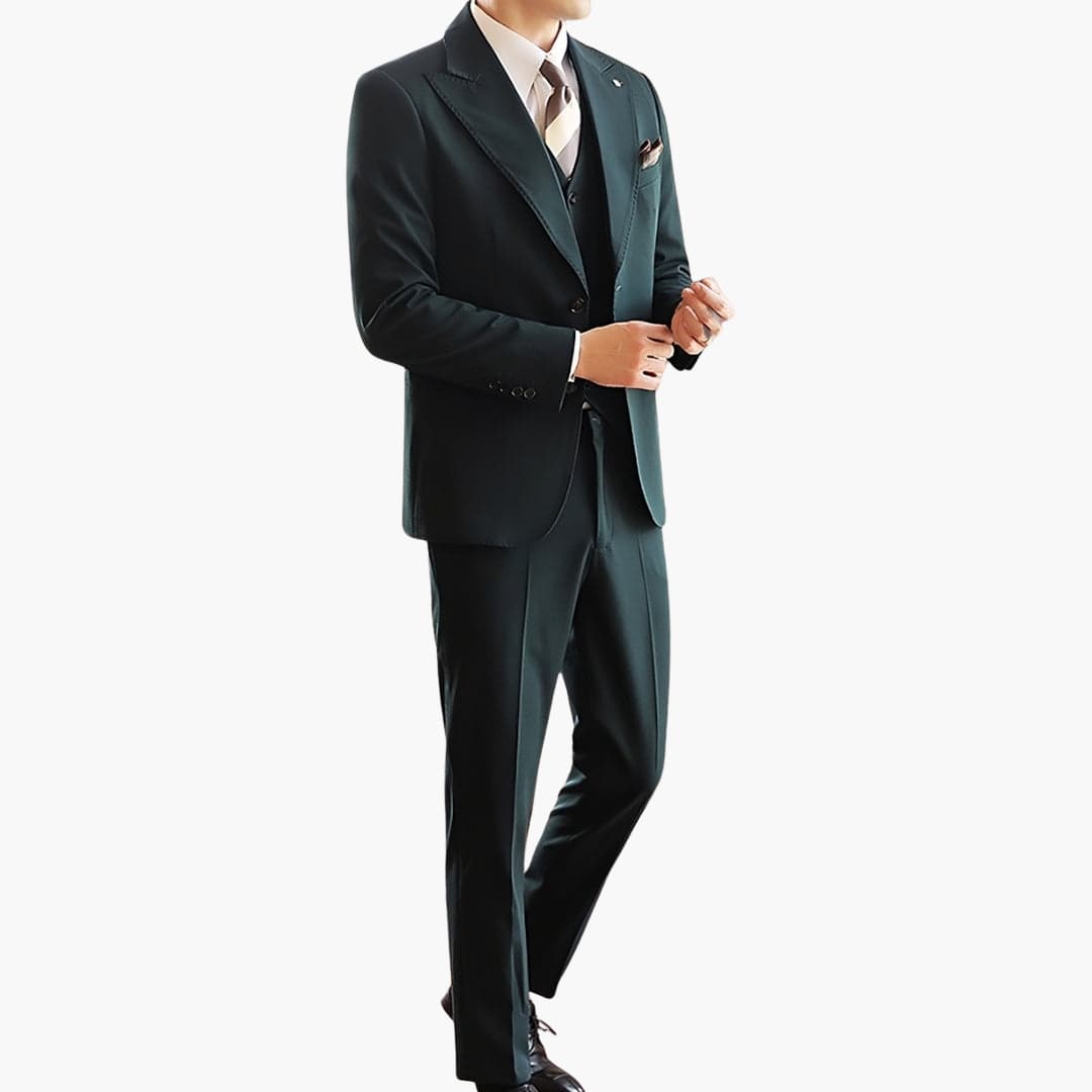 Men's slim fit three-piece suit with vest, lightweight formal wear in classic solid color