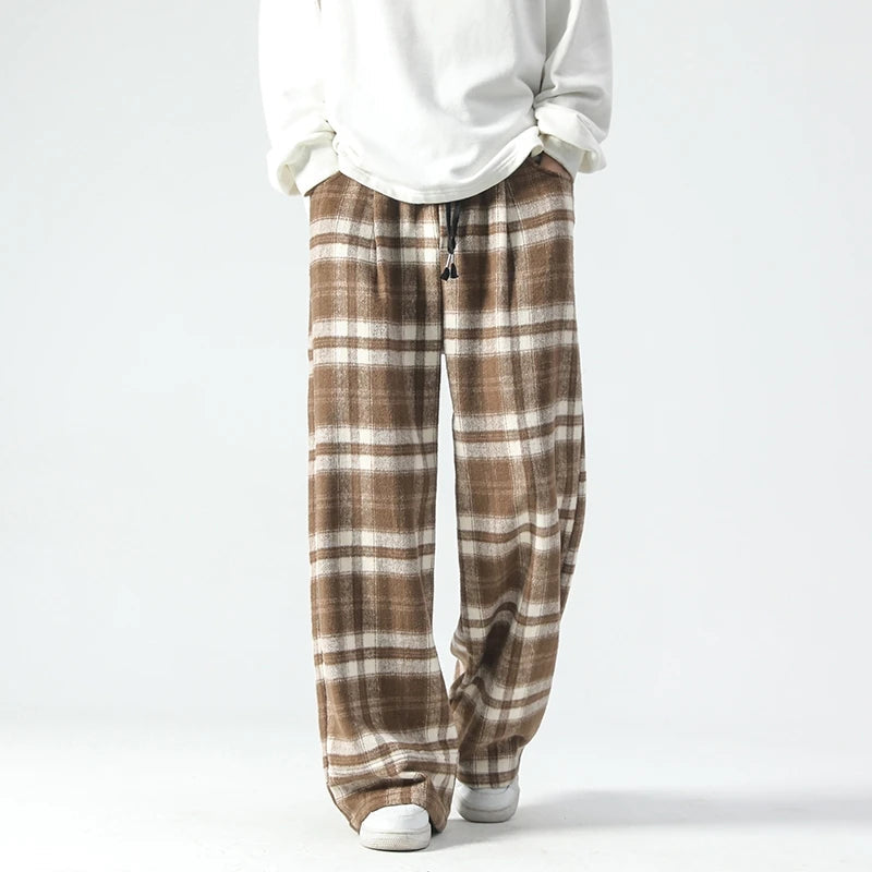 Graph plaid wide-leg sweatpants in tonal brushed cotton with adjustable drawstring waist