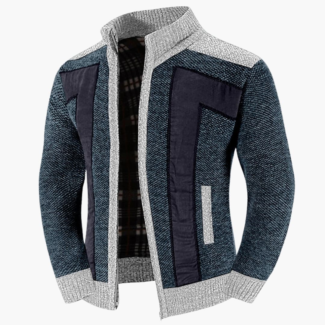 Men's zip-up cardigan with stand-up collar, ribbed cuffs, and premium textured knit panels