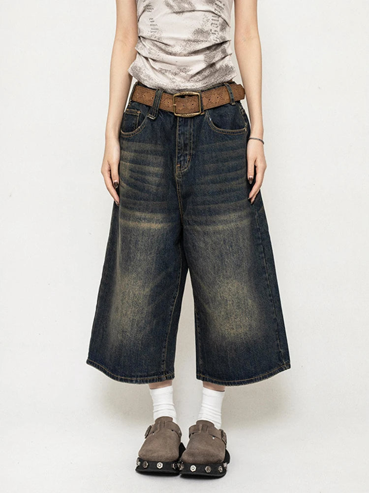 Women's wide-leg denim culotte distressed vintage wash mid-calf raw hem Y2K streetwear