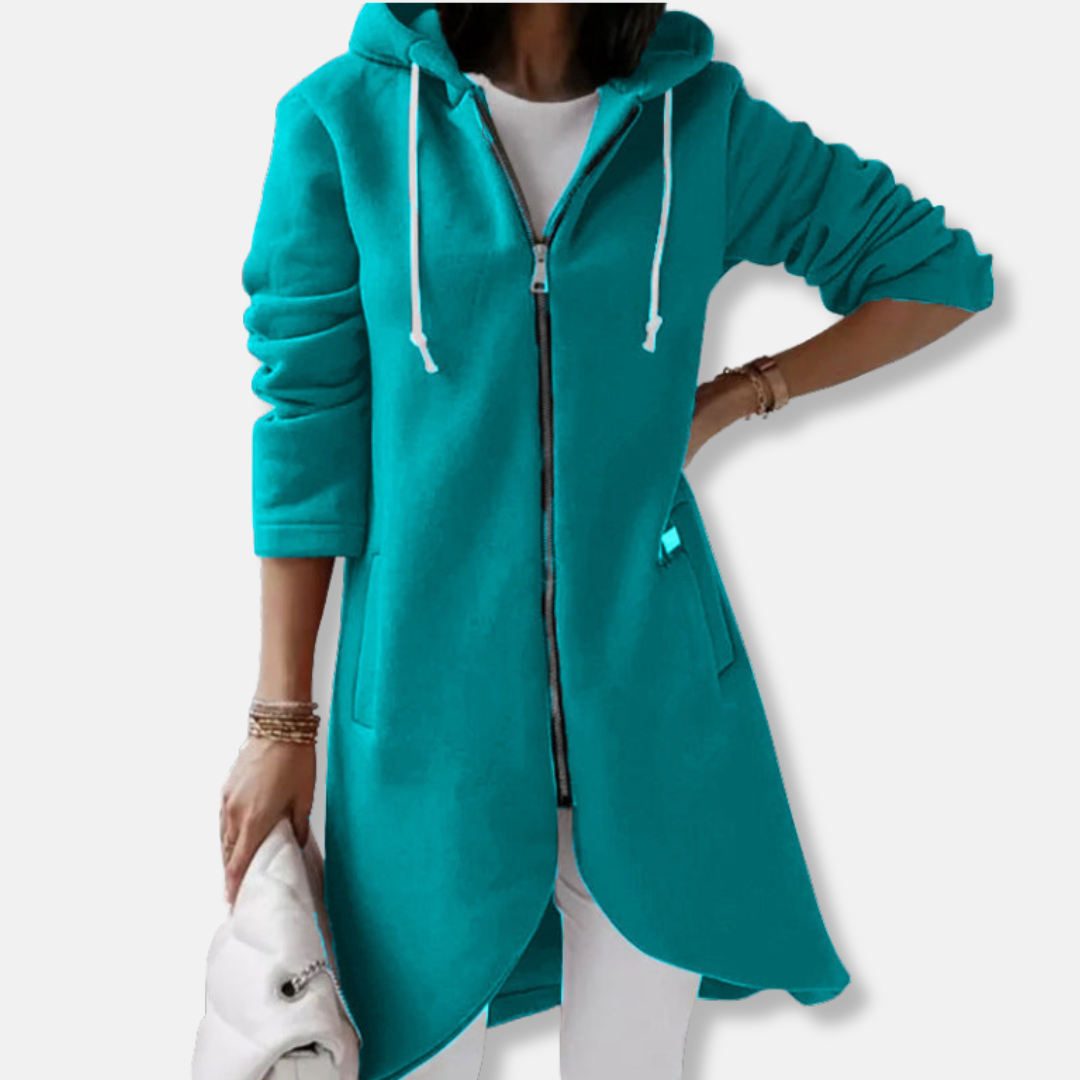 Women's relaxed fit mid-length sweatshirt jacket with drawstring hood and front zipper closure