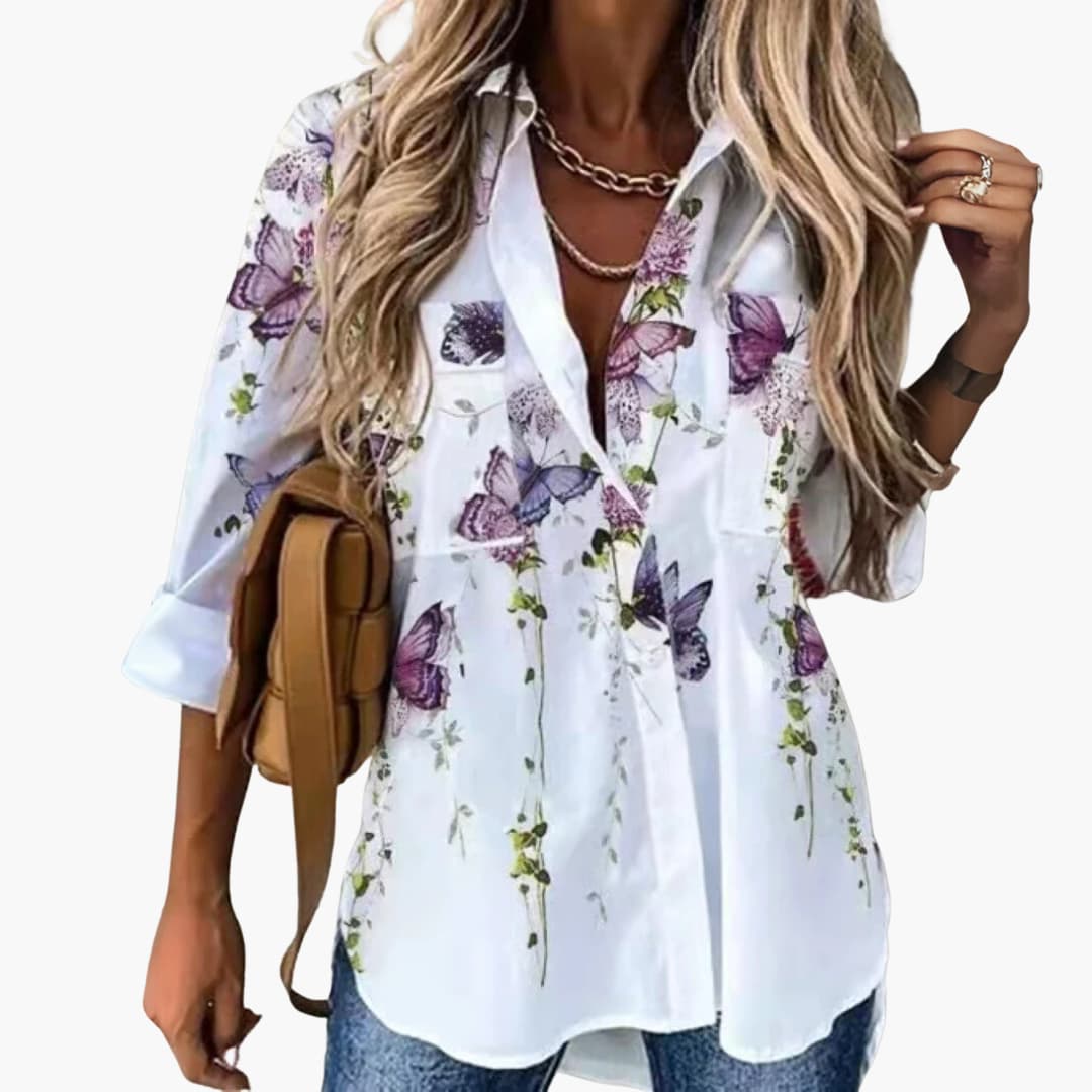 Women's floral blouse breathable lightweight fabric contrast design casual polished modern style