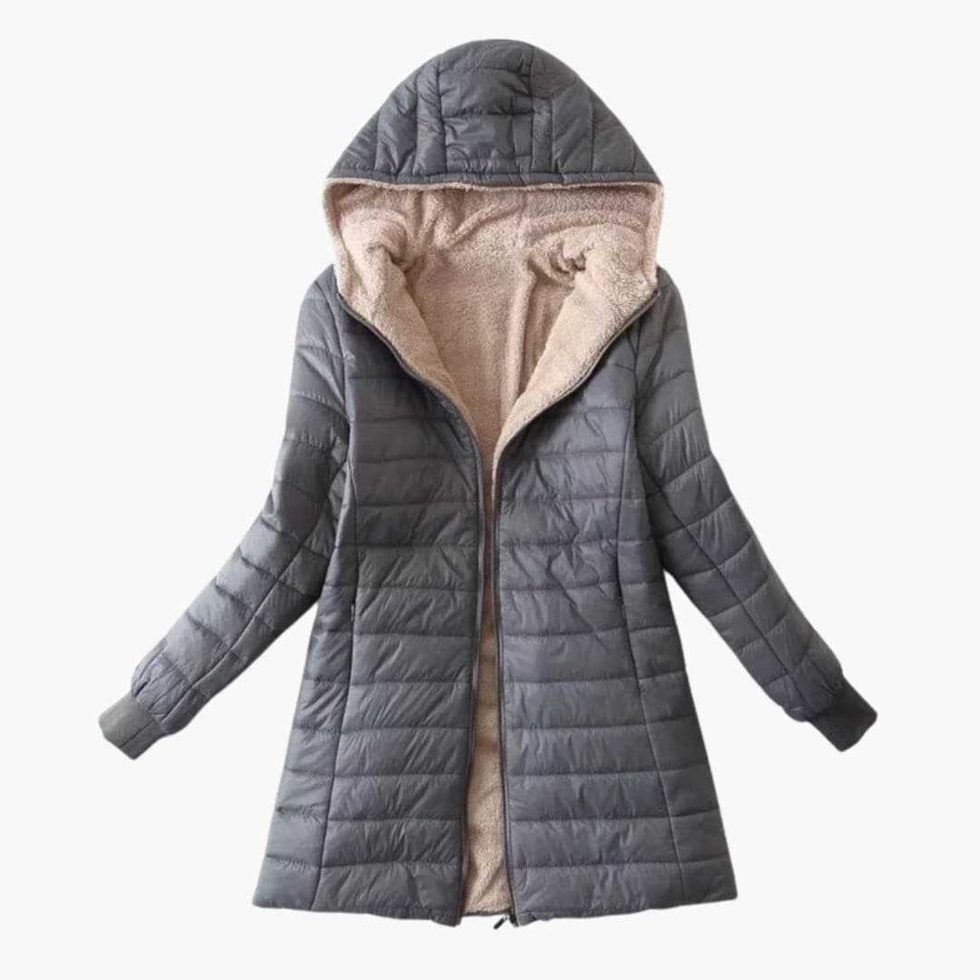 Women's quilted winter jacket with hood, zipper closure, fleece lining, and premium exterior warmth