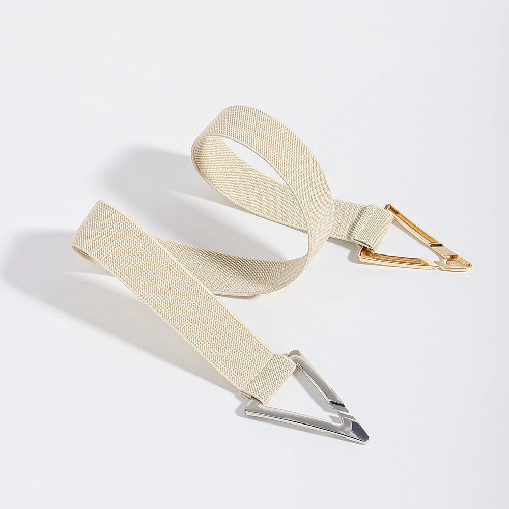 Women's wide elastic waist belt with polished V-shaped triangle buckle and contoured silhouette fit