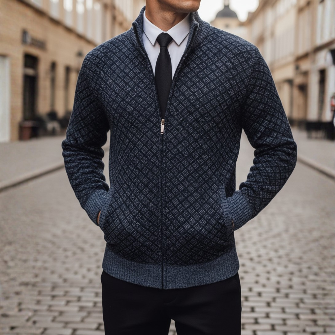 Men's diamond pattern full-zip cardigan high collar premium knit in gray blue red black