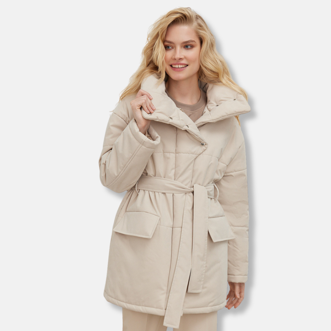 Women's oversized jacket high stand collar belted waist chic polyester coat modern relaxed fit