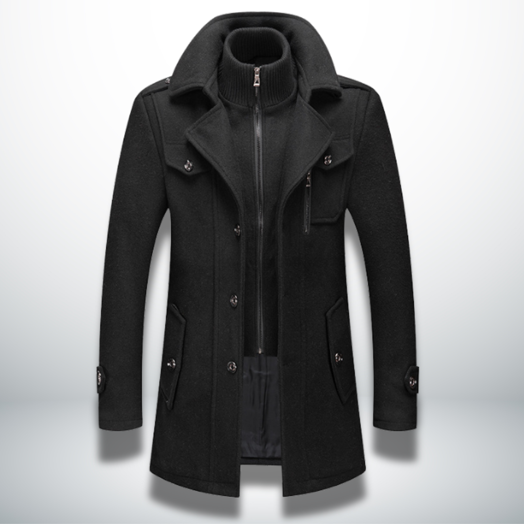 Men's long winter coat stand collar structured silhouette everyday style in classic neutral tone