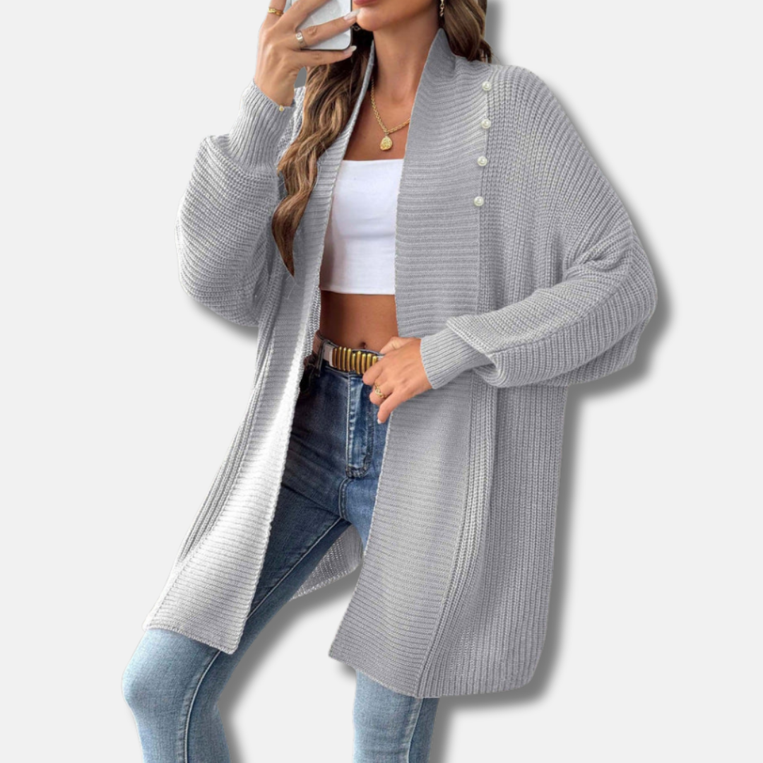 Women's longline acrylic knit cardigan with shawl collar and pearl button detail, smart casual style