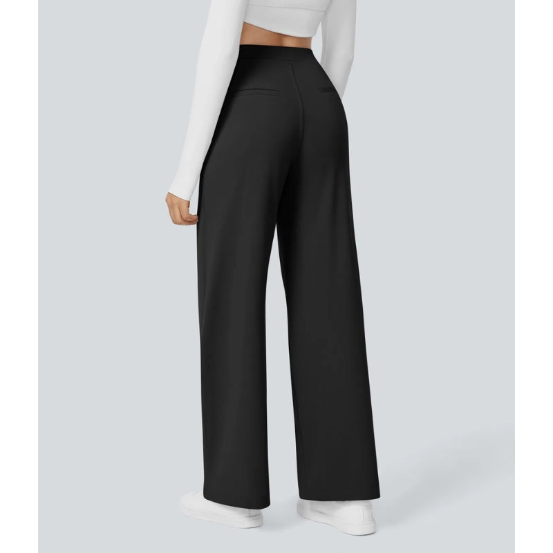 Beige high-waisted wide-leg work pants with front pleats for a polished professional silhouette