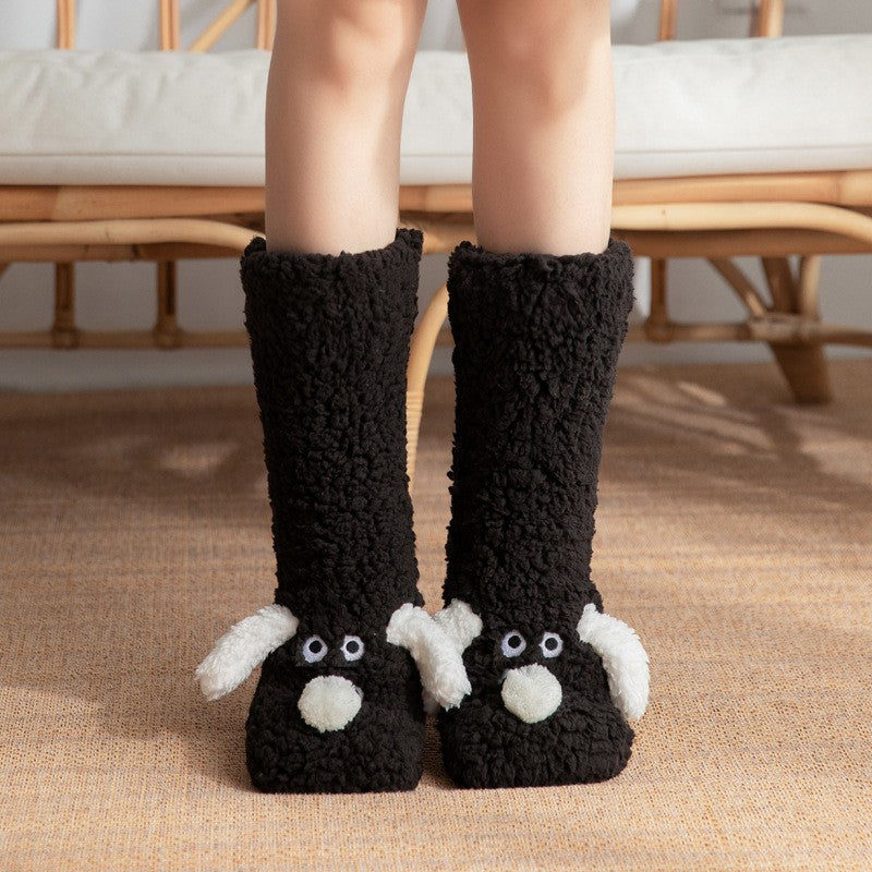 Women's gray plush fleece slipper socks mid-calf length with fuzzy dog applique ears detail