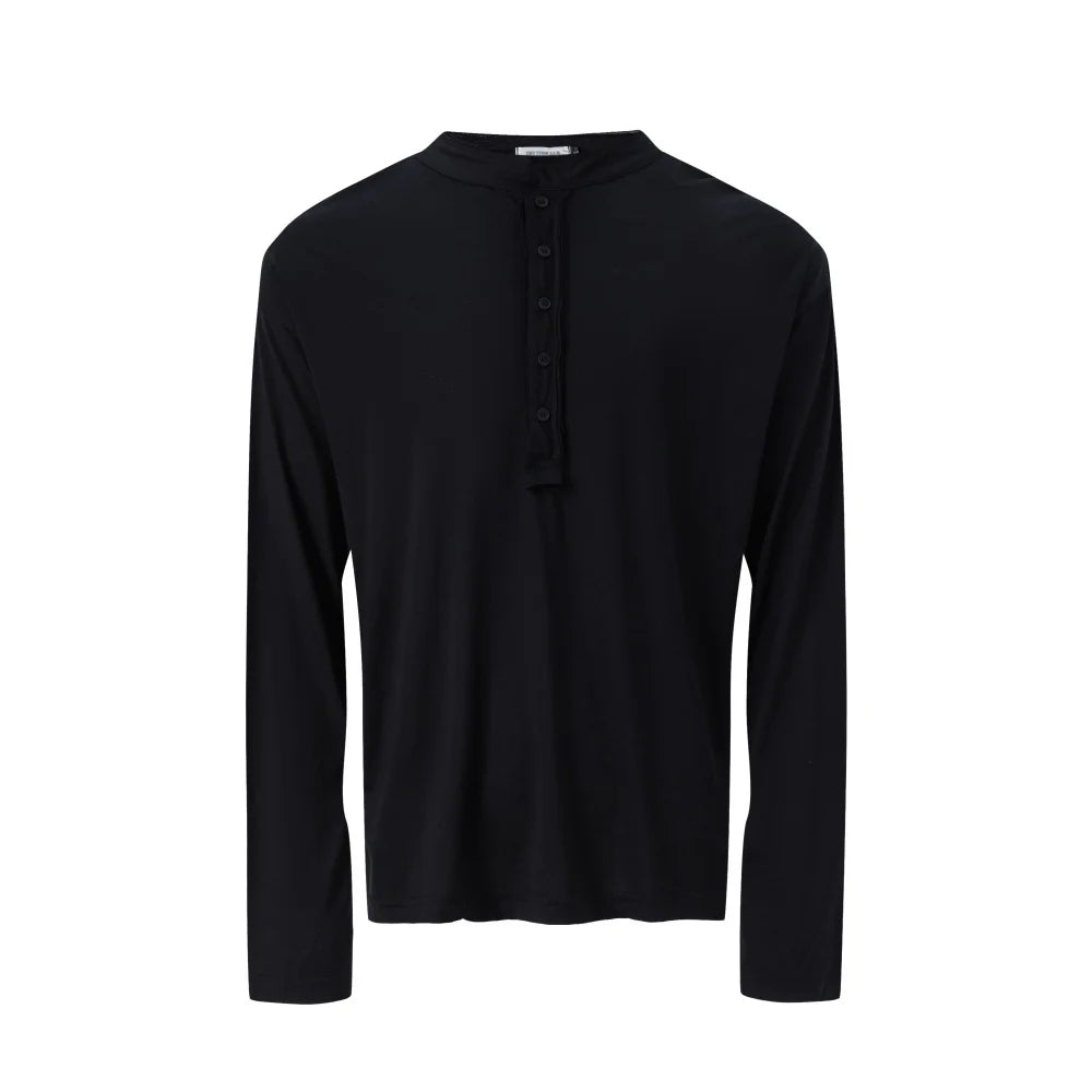 Men's slim fit long-sleeve Henley shirt in soft cotton lyocell blend with frayed placket detail