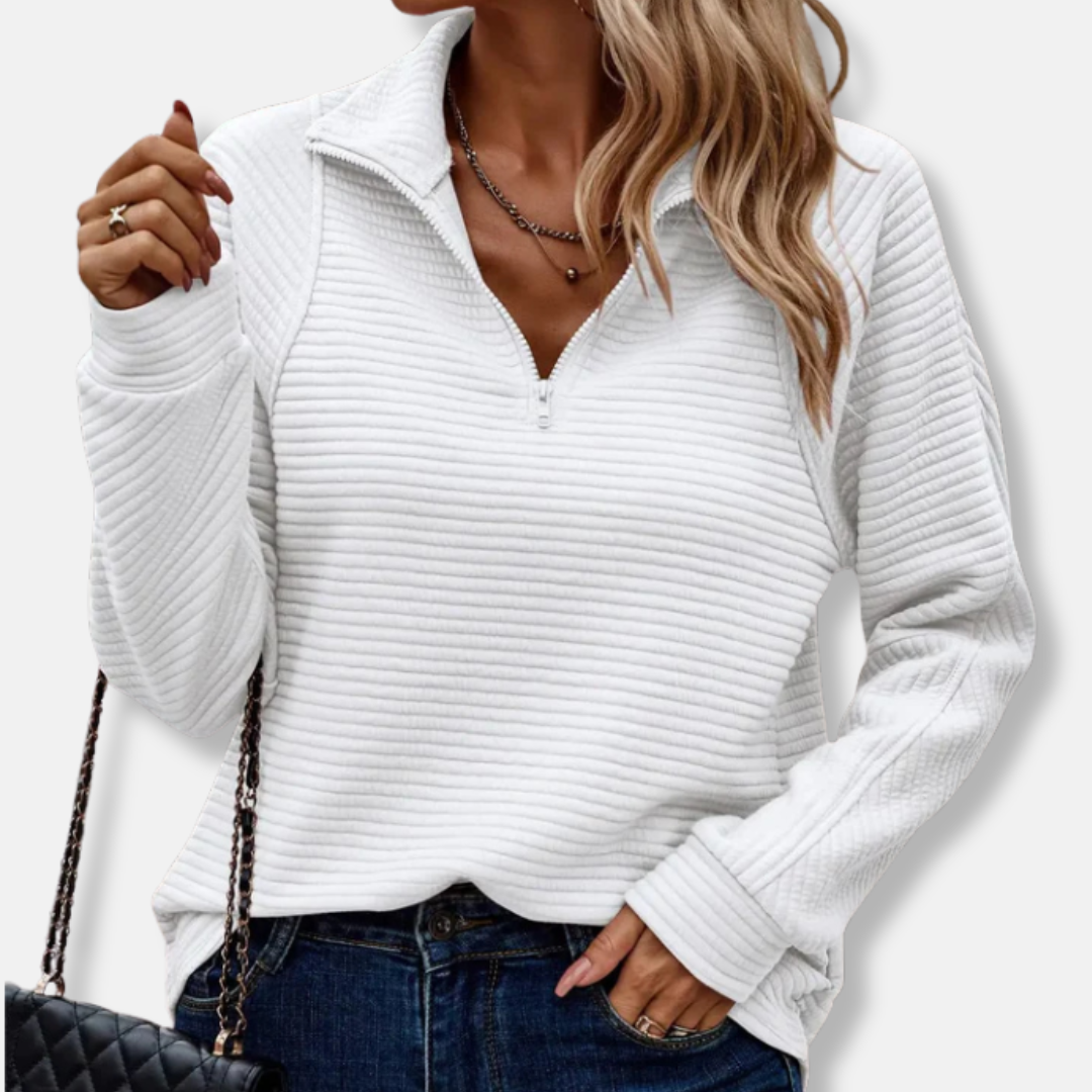 Women's relaxed fit pullover sweater with stand collar half-zip closure in cozy knit fabric