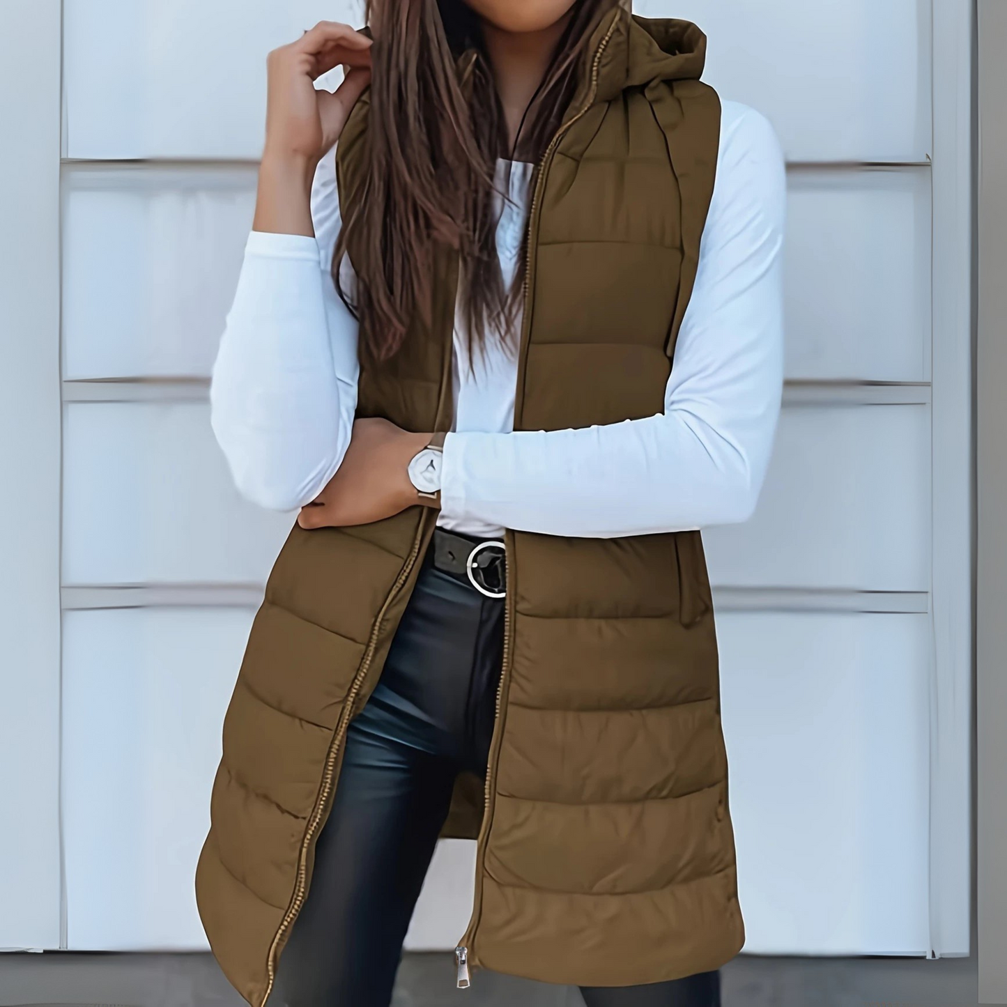 Women's long hooded puffer vest lightweight quilted longline silhouette sleeveless warm jacket