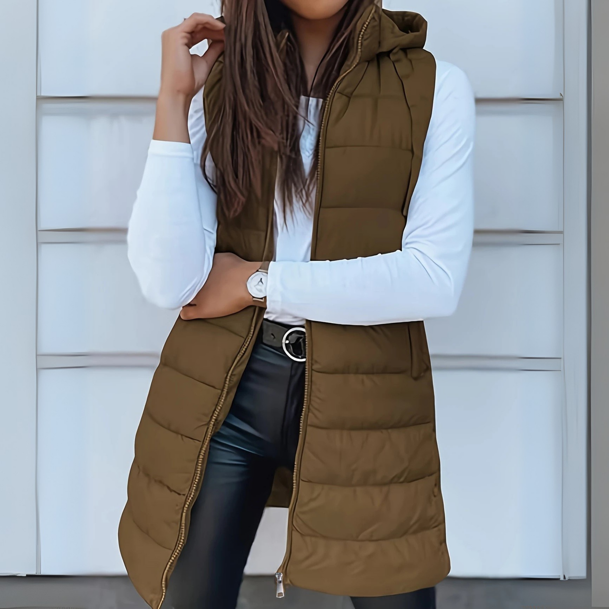 Women's long hooded puffer vest lightweight quilted longline silhouette sleeveless warm jacket