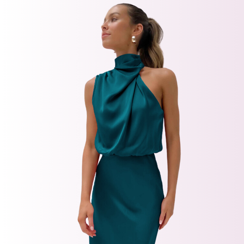 Women's black asymmetrical evening gown high collar shoulder-baring silhouette for gala wedding