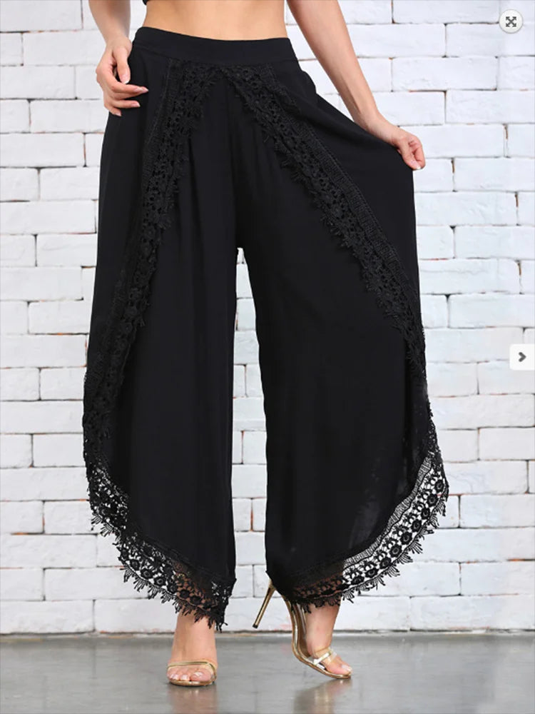 Women's wide leg trouser cotton blend scalloped hem floral lace panels lightweight fashion pant
