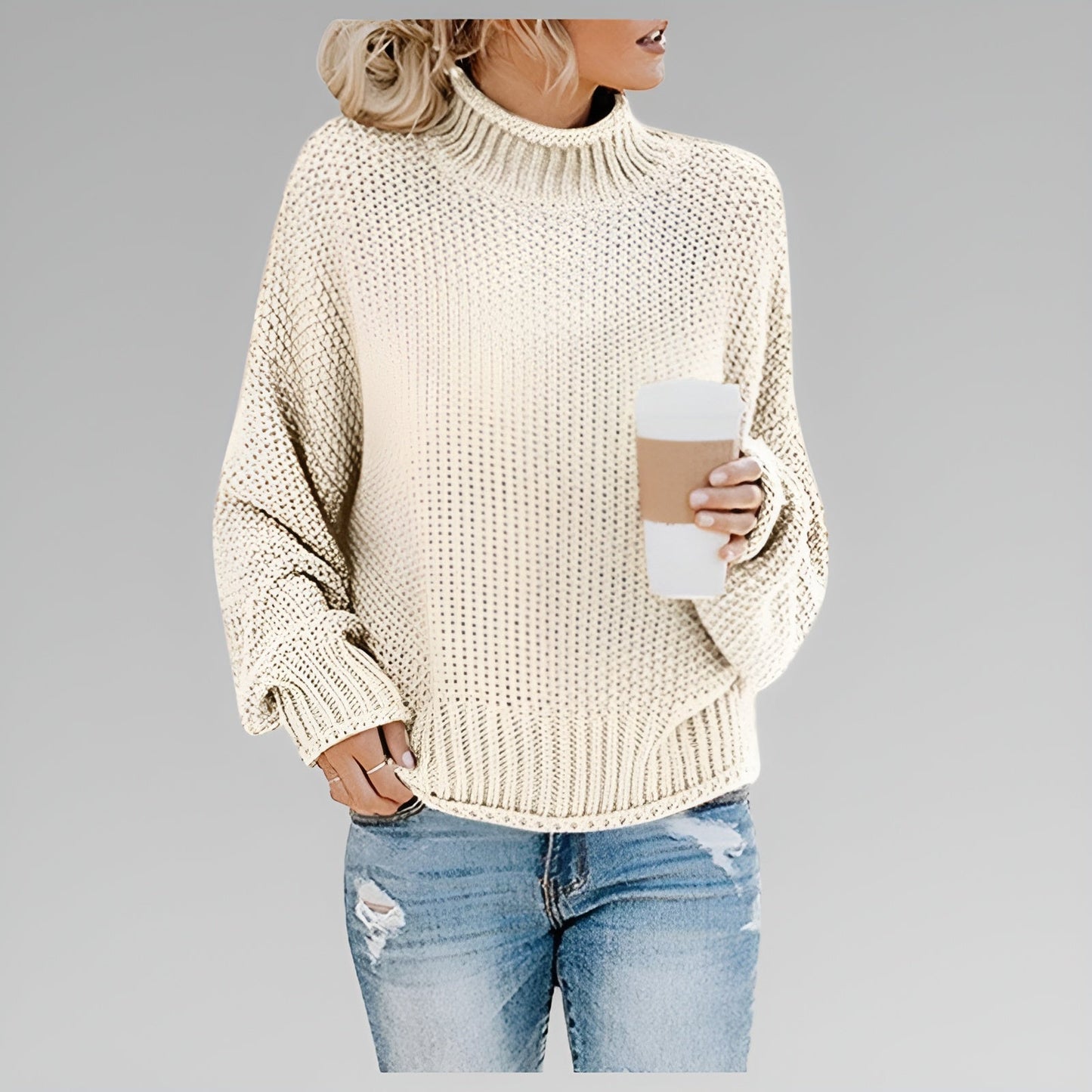 Cream chunky knit sweater women oversized relaxed fit with cozy textured knit pattern
